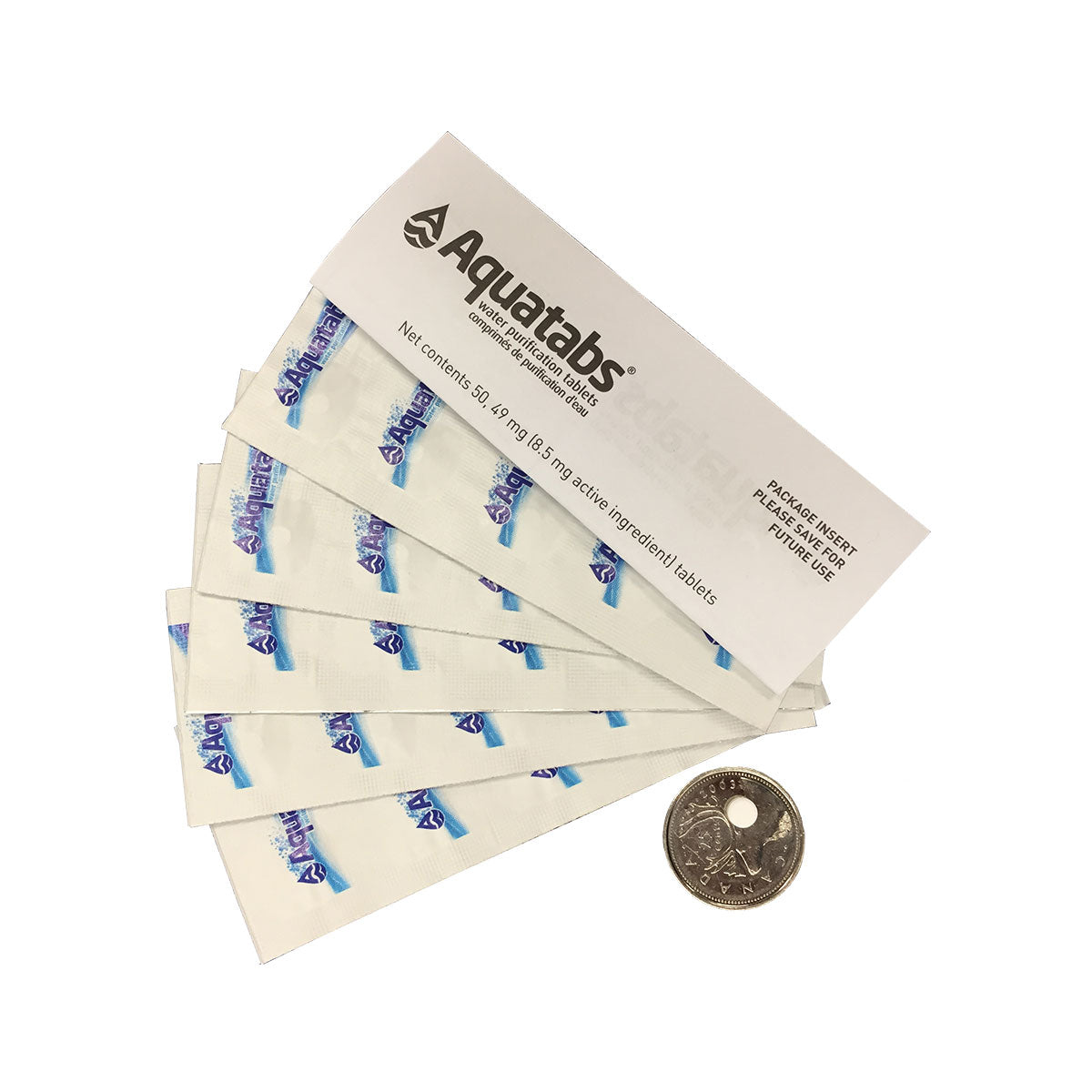 AquaTabs Water Purification Tablets 45mg 50 Tablets Actual Size